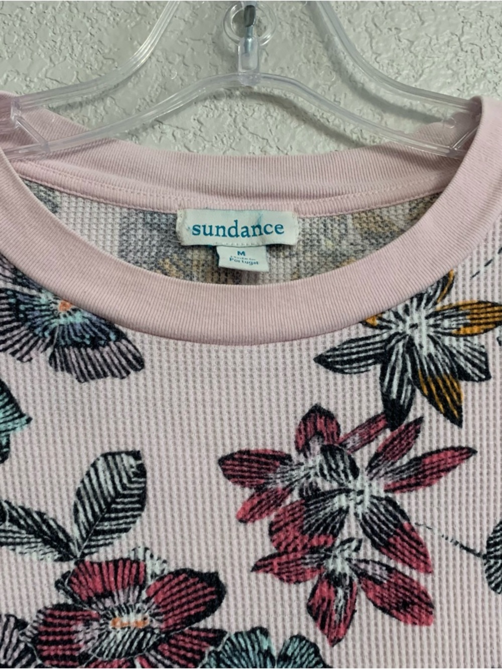 Sundance Tee Top Women M Floral Thermal Waffle Velvet Button Cuff Trim Boho Pink - Picture 3 of 16